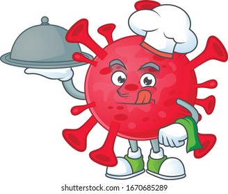 chef cartoon character of coronavirus amoeba with food on tray