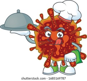 chef cartoon character of deadly coronvirus with food on tray