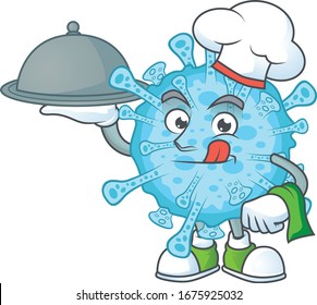 chef cartoon character of fever coronavirus with food on tray