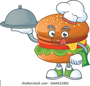 chef cartoon character of hamburger with food on tray