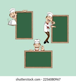 
chef cartoon character with his menu dish