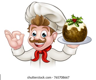 A chef cartoon character holding a Christmas pudding and doing a perfect gesture