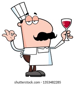 Chef Cartoon Character Holding A Glass With Wine. Vector Illustration Isolated On Transparent Background