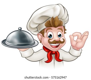 A chef cartoon character holding a plate or platter cloche