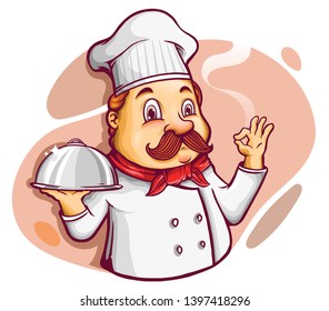 Chef Cartoon Character Holding Silver Platter Stock Vector (Royalty ...