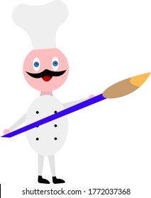 Chef cartoon character with a mustache and bright blue eyes holds in his hand a brush for drawing the concept of skill in cooking and art object on a white background