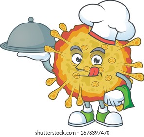 chef cartoon character of outbreaks coronavirus with food on tray