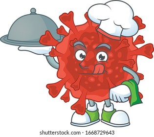 chef cartoon character of red corona virus with food on tray
