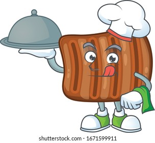 chef cartoon character of roasted beef with food on tray