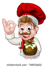 A chef cartoon character wearing a Santa like hat holding a Christmas pudding and doing a perfect gesture