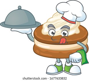 chef cartoon character of white cream alfajor with food on tray