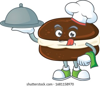 chef cartoon character of whoopie pies with food on tray