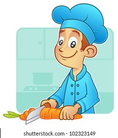 Chef cartoon characters slice carrots in the kitchen  with confidence.