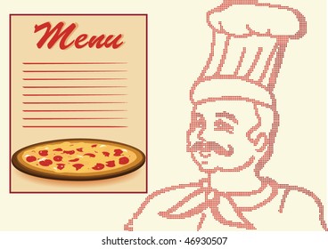 Chef cartoon in halftone with menu and pizza