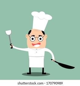 chef cartoon holding pan with spatula or food turner