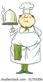 chef cartoon image of chef holding covered plate chef face human steam food person men male plate supper nurture caricature painting diner facial comic chief image headdress service figure illustratio