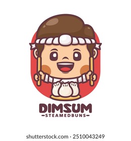 Chef cartoon mascot with dim sum. Vector illustration for culinary business, brand logo, sticker, cartoon identity, icon, etc.