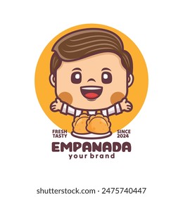 mascota de dibujos animados de chef con empanada, Ilustración vectorial para la industria culinaria, logotipo de dibujos animados, etiqueta engomada, icono.