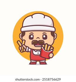 Chef cartoon mascot with french fries. Vector illustration in outline style