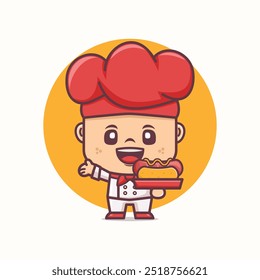 Chef mascote cartoon com cachorro-quente. Ilustração vetorial em estilo de estrutura de tópicos