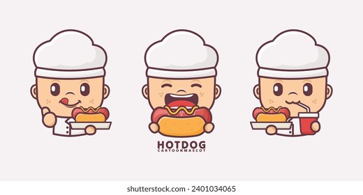 mascota de dibujos animados del chef con hotdog. ilustraciones vectoriales con estilo de contorno, adecuado para, marca de logotipo, pegatinas, iconos, etc.