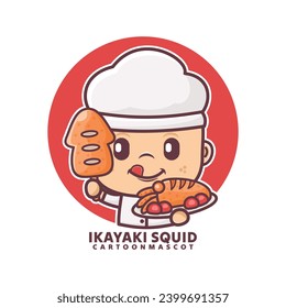 chef cartoon mascot with ikayaki squid. vector illustrations with outline style, suitable for, logo brand, stickers, icons, etc.