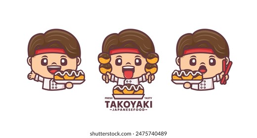 chef cartoon mascot with japanese food takoyaki, cartoon illustration with different poses and expressions.