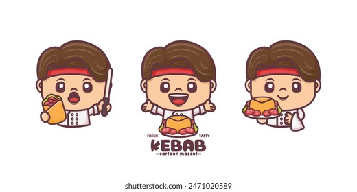 chef cartoon mascot with kebab, cartoon illustration with different poses and expressions.