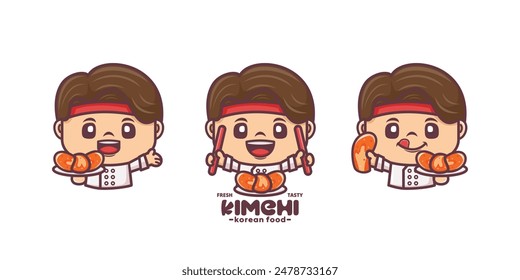 chef cartoon mascot with korean food kimchi, cartoon illustration with different poses and expressions.