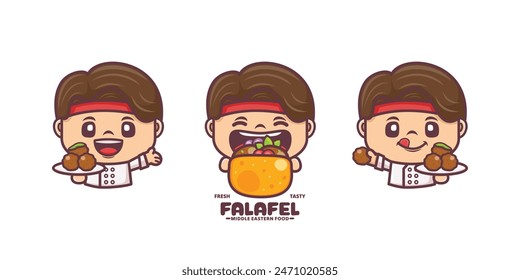 chef cartoon mascot with middle eastern food falafel, cartoon illustration with different poses and expressions.