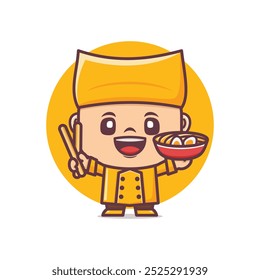 Chef cartoon mascot with noodle. Vector illustration in outline style