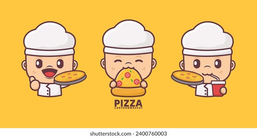 Küchenmaskottchen mit Pizza. Vektorgrafiken mit Konturstil, geeignet für Logo, Aufkleber, Symbole usw.