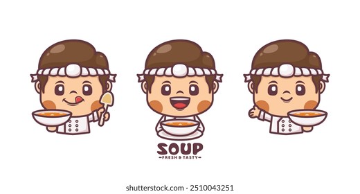 chef cartoon mascot with soup. cartoon illustrations with different poses and expressions.