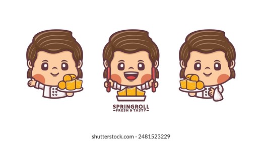 chef cartoon mascot with spring roll, cartoon illustration with different poses and expressions.
