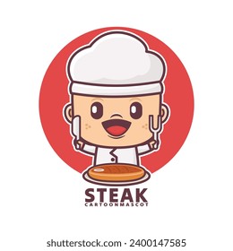 chef cartoon mascot with steak. vector illustrations with outline style, suitable for, logo brand, stickers, icons, etc.