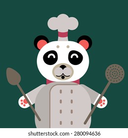 chef cartoon Panda in a flat style on green background