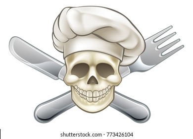 Chef cartoon pirate skull and crossbones with cross knife and fork and hat