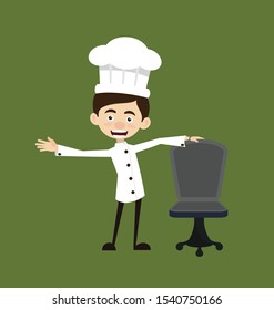 Chef Cartoon - Standing with Chair and Gesturing with Hand