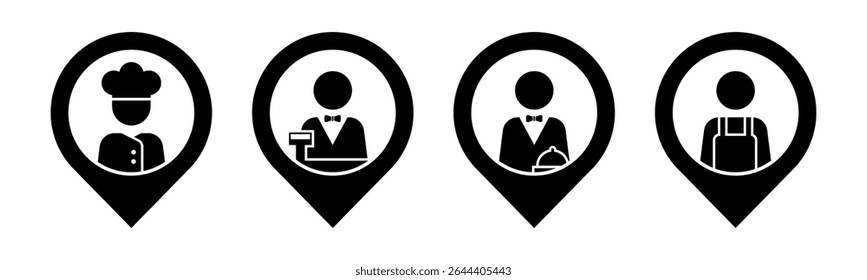 Chef, Cashier, Waiter, Cleaner with pin location icon set illustration vector.