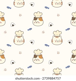 Chef cat cartoon so cute. On fish onigiri footprints background. Pattern seamless vector illustration. 