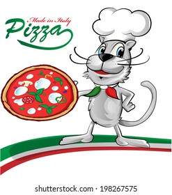 chef cat cartoon with pizza