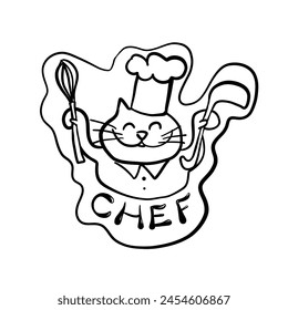 Chef Cat with Kitchen Utensils, Vector Illustration for Culinary Designs