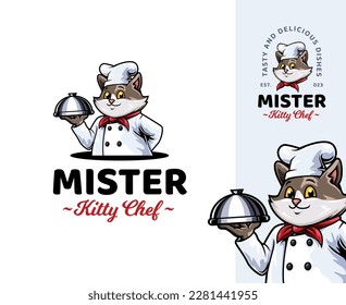 Diseño del logotipo de la mascota del gato del chef. Mascota de dibujos animados divertidos y divertidos, perfecta para los negocios gastronómicos y las marcas