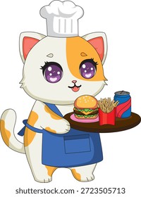 Chef Cat Sirviendo Comida Rápida Kitten Hotel Chef Mascota Vector