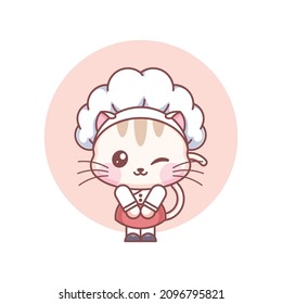 Chef cat smiling happily is cooking with a happy kitchen illustration