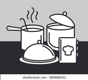 chef catering menu pot saucepan ladle linear style vector illustration
