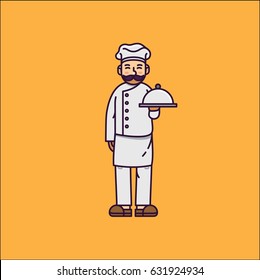 chef chaaracter with a plate vector line illustration