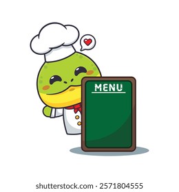 chef chameleon mascot cartoon character with menu board.
chef animal cartoon vector illustration suitable for for poster, brochure, web, mascot, sticker, logo, icon, etc.