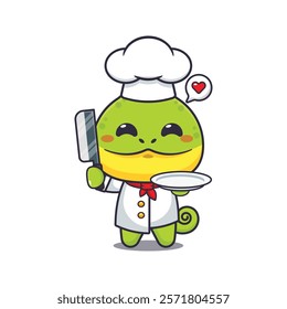 chef chameleon mascot cartoon character with knife and plate.
chef animal cartoon vector illustration suitable for for poster, brochure, web, mascot, sticker, logo, icon, etc.