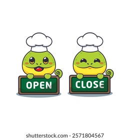 chef chameleon mascot cartoon character with open and close board.
chef animal cartoon vector illustration suitable for for poster, brochure, web, mascot, sticker, logo, icon, etc.